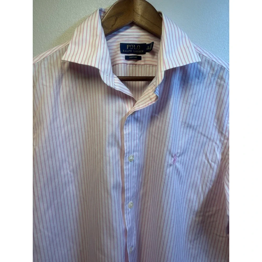 Ralph Lauren Men's 16 Pink‎ White Pinstripe Pony Long Sleeve Classic Fit 34/35